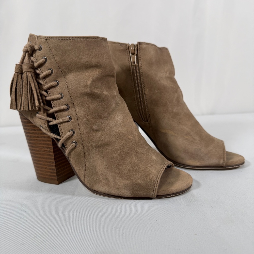 Indigo Brown Peep-Toe Heeled Boots with Tassels, size 6.5